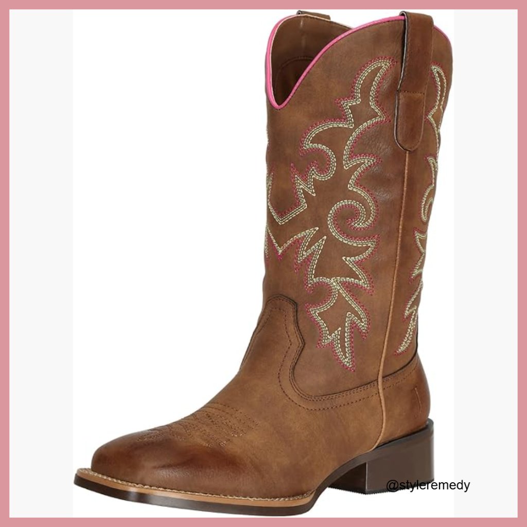 Faux Leather Western Cowgirl Boots Square Toe Mid Calf